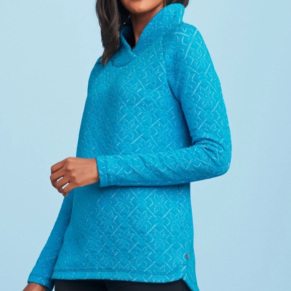 Talboots Snowflake Quilt Wrap Neck Cotton Metallic Thread Turquoise Pullover Top - Picture 2 of 11